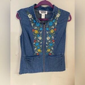 Country Store Embroidered Denim Vest - Blue with Floral Accents Size M
